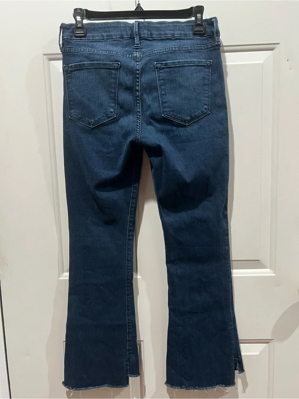 Frame Denim Dark Indigo Cropped Flare Jeans with Raw Hem